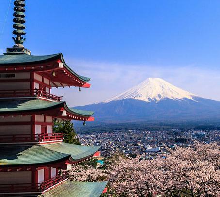 富士山、樱花树和丘里托塔